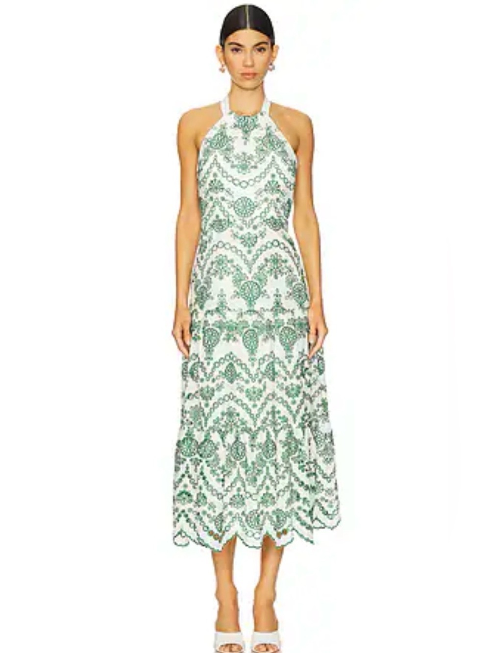 Milly White and Green Tie Halter Midi Sun Dress Elegant Patterned size 6 #summer
